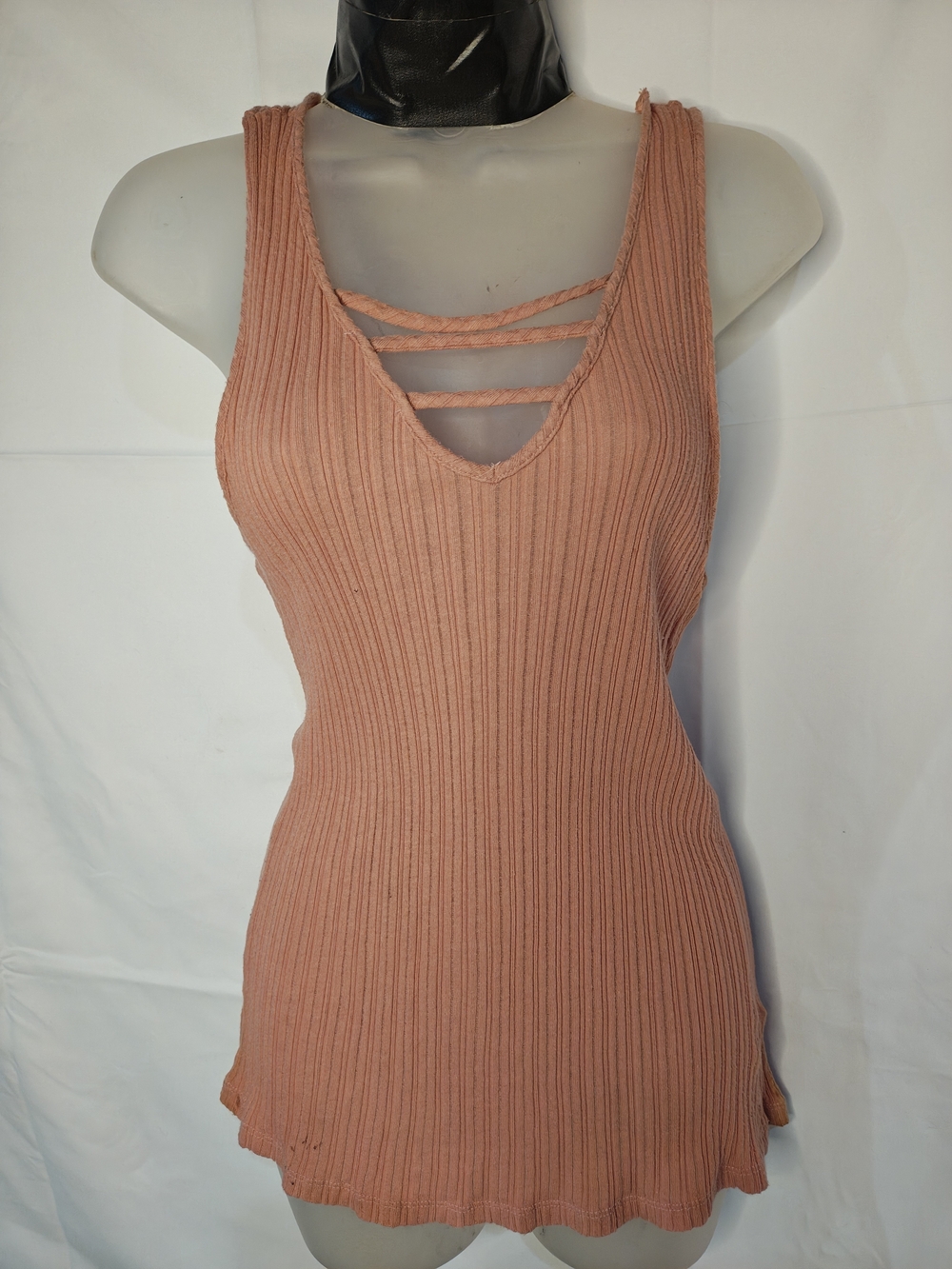 Ribbed Strappy V-Neck Tank Top - Peach